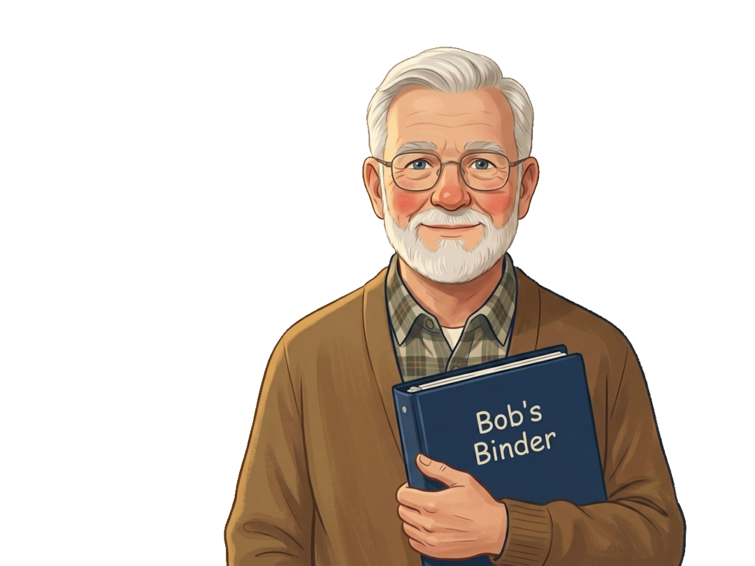 Bob, a smiling older man, holding his navy binder labeled Bob's Binder.