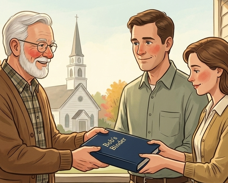 Bob handing his binder to his grown children together on the front porch.